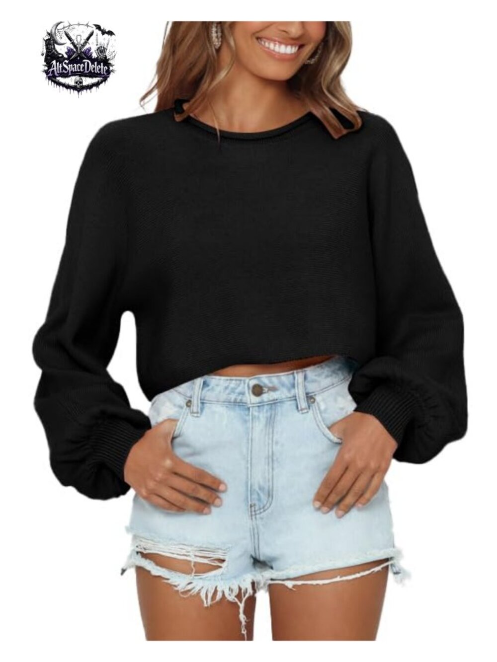 Cropped Lantern Sleeve Sweater Women Loose Crewneck Pullover